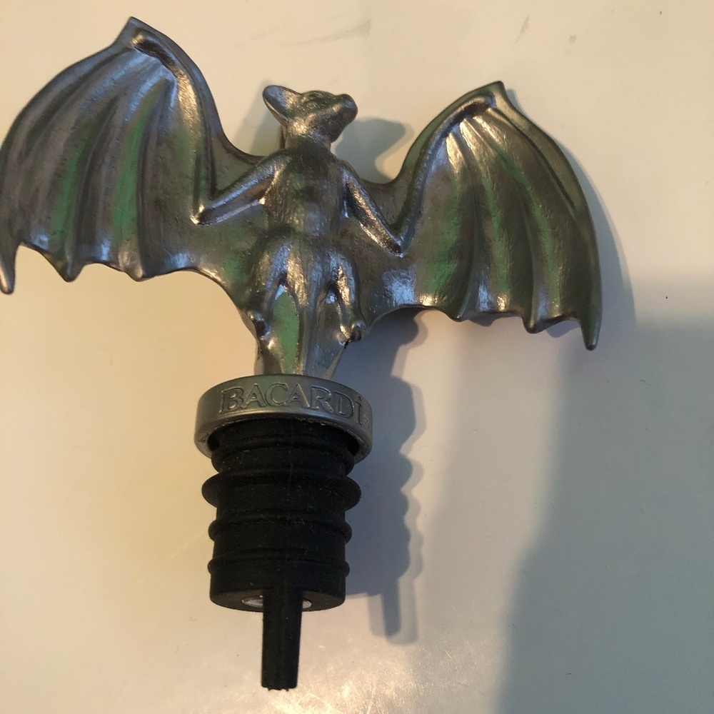 Collectible Bacardi’s rum promo bat bottle stopper, pewter bat figure- like new